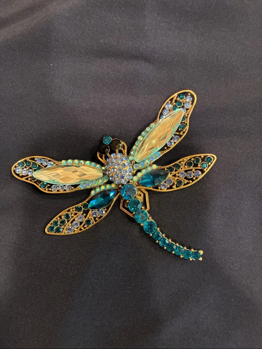 Large Blue Dragonfly Brooch - Rhinestone and Crystal and Gold Tones (ABBA) - Picture 2 of 16